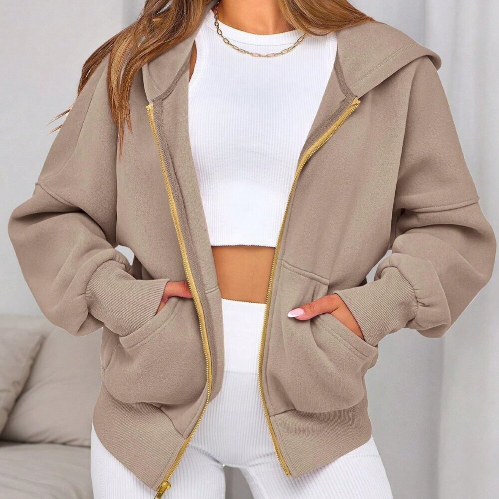 Khaki Casual Women's Zipper Hoodie Long Sleeve Sweatshirt